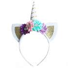 Unicorn diadeem hoorntje wit / goud met oortjes en bloemen