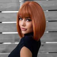 Pruik kort oranje steil haar in bob model met pony