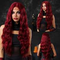 Gothic swiss lace front pruik met zeer lang wijnrood haar